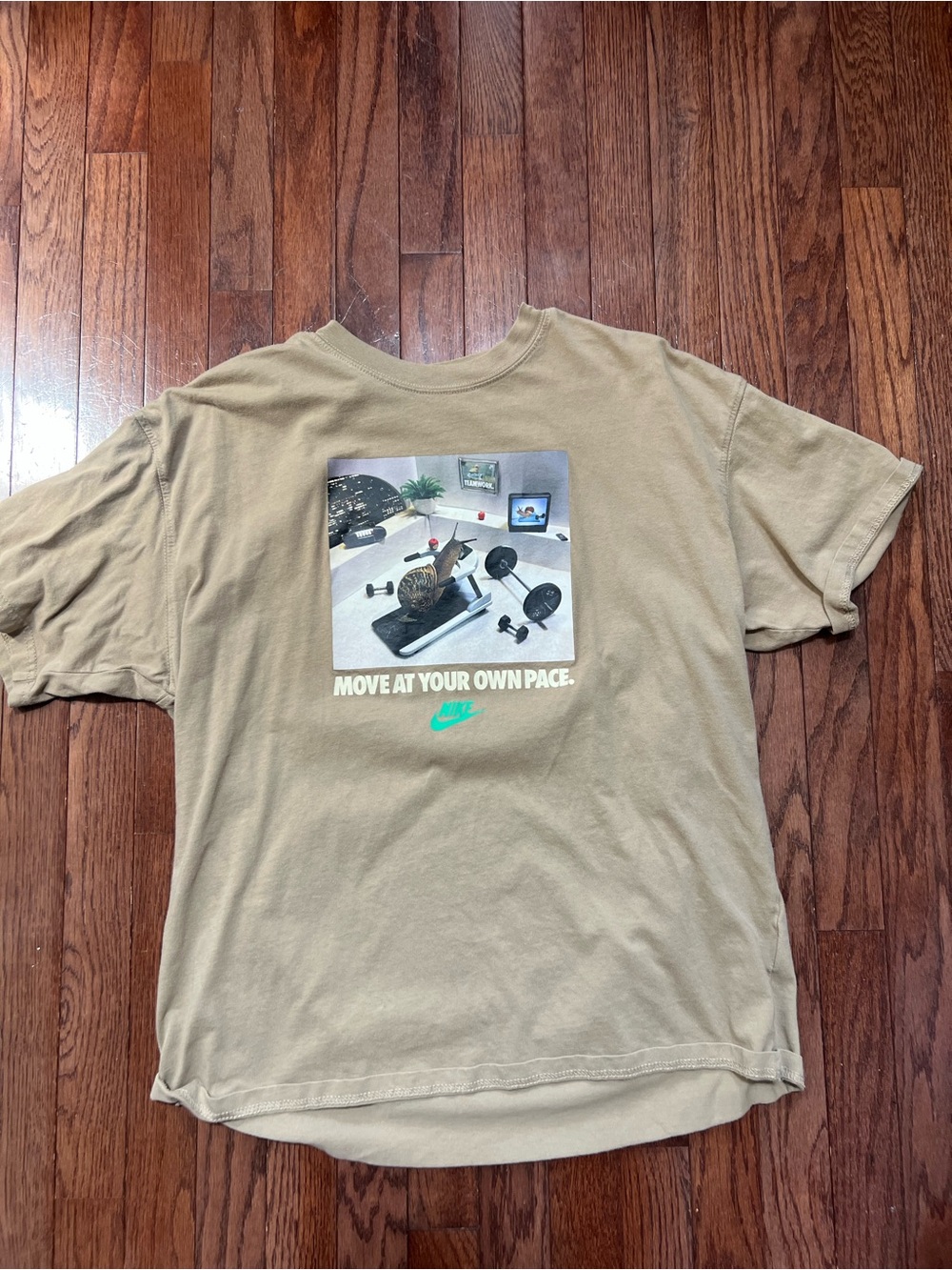Nike Beige Short-Sleeve Graphic Tee with Teal Logo